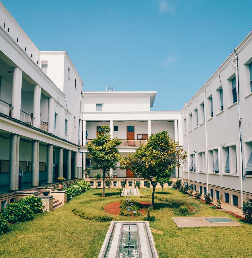 The outdoor lawn green space in the middle of a large building